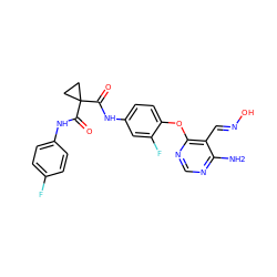 Nc1ncnc(Oc2ccc(NC(=O)C3(C(=O)Nc4ccc(F)cc4)CC3)cc2F)c1/C=N/O ZINC000205425741