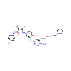 Nc1ncnc(Oc2ccc(NC(=O)C3(C(=O)Nc4ccc(F)cc4)CC3)cc2F)c1/C=N/OCCCN1CCCC1 ZINC000205435436