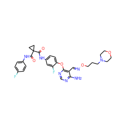 Nc1ncnc(Oc2ccc(NC(=O)C3(C(=O)Nc4ccc(F)cc4)CC3)cc2F)c1/C=N/OCCCN1CCOCC1 ZINC000653899233