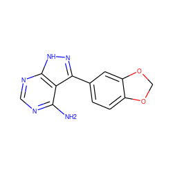 Nc1ncnc2[nH]nc(-c3ccc4c(c3)OCO4)c12 ZINC000064479803