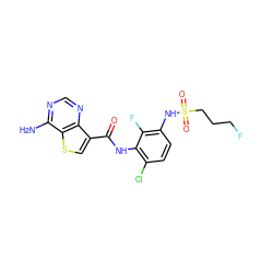 Nc1ncnc2c(C(=O)Nc3c(Cl)ccc(NS(=O)(=O)CCCF)c3F)csc12 ZINC000084669769