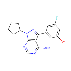 Nc1ncnc2c1c(-c1cc(O)cc(F)c1)nn2C1CCCC1 ZINC000008581901