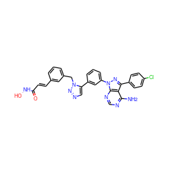 Nc1ncnc2c1c(-c1ccc(Cl)cc1)nn2-c1cccc(-c2cnnn2Cc2cccc(/C=C/C(=O)NO)c2)c1 ZINC000096916926