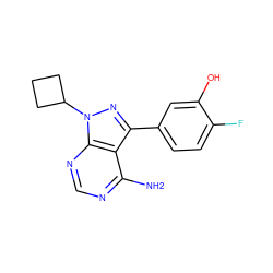 Nc1ncnc2c1c(-c1ccc(F)c(O)c1)nn2C1CCC1 ZINC000008581914