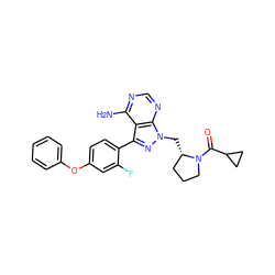 Nc1ncnc2c1c(-c1ccc(Oc3ccccc3)cc1F)nn2C[C@H]1CCCN1C(=O)C1CC1 ZINC001772593272