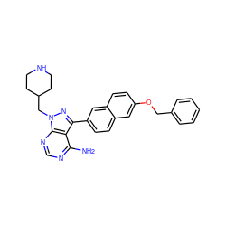 Nc1ncnc2c1c(-c1ccc3cc(OCc4ccccc4)ccc3c1)nn2CC1CCNCC1 ZINC000084672577