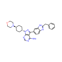 Nc1ncnc2c1c(-c1ccc3nc(Cc4ccccc4)[nH]c3c1)nn2[C@H]1CC[C@H](N2CCOCC2)CC1 ZINC000261138892