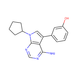 Nc1ncnc2c1c(-c1cccc(O)c1)cn2C1CCCC1 ZINC000027984507