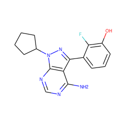 Nc1ncnc2c1c(-c1cccc(O)c1F)nn2C1CCCC1 ZINC000008581899