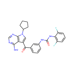 Nc1ncnc2c1c(C(=O)c1cccc(NC(=O)Nc3c(F)cccc3F)c1)cn2C1CCCC1 ZINC000096270456