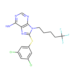 Nc1ncnc2c1nc(Sc1cc(Cl)cc(Cl)c1)n2CCCCC(F)(F)F ZINC000299864059