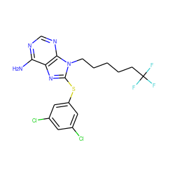 Nc1ncnc2c1nc(Sc1cc(Cl)cc(Cl)c1)n2CCCCCC(F)(F)F ZINC000299862883