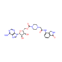 Nc1ncnc2c1ncn2[C@@H]1O[C@H](COC(=O)N2CCN(CC(=O)Nc3cccc4c3CNC4=O)CC2)[C@@H](O)[C@H]1O ZINC000042851186