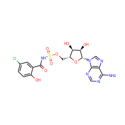 Nc1ncnc2c1ncn2[C@@H]1O[C@H](COS(=O)(=O)NC(=O)c2cc(Cl)ccc2O)[C@@H](O)[C@H]1O ZINC000028865782