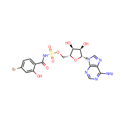 Nc1ncnc2c1ncn2[C@@H]1O[C@H](COS(=O)(=O)NC(=O)c2ccc(Br)cc2O)[C@@H](O)[C@H]1O ZINC000028865793