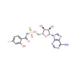 Nc1ncnc2c1ncn2[C@@H]1O[C@H](COS(=O)(=O)NC(=O)c2ccc(F)cc2O)[C@@H](O)[C@H]1O ZINC000028865786