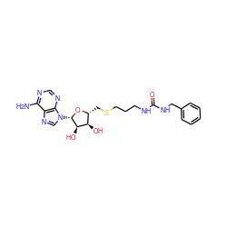 Nc1ncnc2c1ncn2[C@@H]1O[C@H](CSCCCNC(=O)NCc2ccccc2)[C@@H](O)[C@H]1O ZINC000095552639