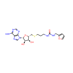 Nc1ncnc2c1ncn2[C@@H]1O[C@H](CSCCCNC(=O)NCc2ccco2)[C@@H](O)[C@H]1O ZINC000095557376