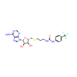 Nc1ncnc2c1ncn2[C@@H]1O[C@H](CSCCCNC(=O)Nc2ccc(C(F)(F)F)cc2)[C@@H](O)[C@H]1O ZINC000095555276