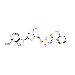 Nc1ncnc2c1ncn2[C@H]1C[C@H](O)[C@@H](COS(=O)(=O)NC(=O)c2ccccc2O)O1 ZINC000035079663