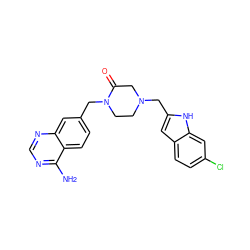 Nc1ncnc2cc(CN3CCN(Cc4cc5ccc(Cl)cc5[nH]4)CC3=O)ccc12 ZINC000013439867