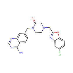 Nc1ncnc2cc(CN3CCN(Cc4nc5cc(Cl)ccc5o4)CC3=O)ccc12 ZINC000013439856