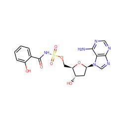 Nc1ncnc2ncn([C@H]3C[C@H](O)[C@@H](COS(=O)(=O)NC(=O)c4ccccc4O)O3)c12 ZINC000028604533