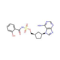 Nc1ncnc2ncn([C@H]3CC[C@@H](COS(=O)(=O)NC(=O)c4ccccc4O)C3)c12 ZINC000040764368