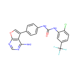 Nc1ncnc2occ(-c3ccc(NC(=O)Nc4cc(C(F)(F)F)ccc4Cl)cc3)c12 ZINC000014957335