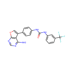 Nc1ncnc2occ(-c3ccc(NC(=O)Nc4cccc(C(F)(F)F)c4)cc3)c12 ZINC000014957331