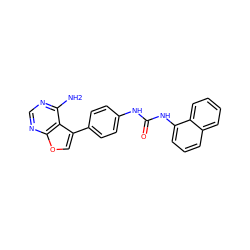 Nc1ncnc2occ(-c3ccc(NC(=O)Nc4cccc5ccccc45)cc3)c12 ZINC000014957342