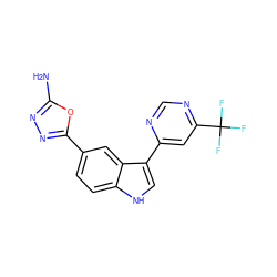 Nc1nnc(-c2ccc3[nH]cc(-c4cc(C(F)(F)F)ncn4)c3c2)o1 ZINC000145371538