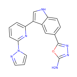 Nc1nnc(-c2ccc3[nH]cc(-c4cccc(-n5cccn5)n4)c3c2)o1 ZINC000145426101