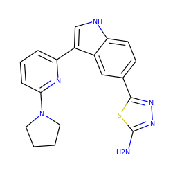 Nc1nnc(-c2ccc3[nH]cc(-c4cccc(N5CCCC5)n4)c3c2)s1 ZINC000204763285