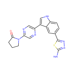 Nc1nnc(-c2ccc3[nH]cc(-c4cnc(N5CCCC5=O)cn4)c3c2)s1 ZINC000204759990