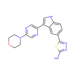 Nc1nnc(-c2ccc3[nH]cc(-c4cnc(N5CCOCC5)cn4)c3c2)s1 ZINC000145435864