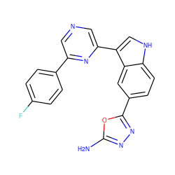 Nc1nnc(-c2ccc3[nH]cc(-c4cncc(-c5ccc(F)cc5)n4)c3c2)o1 ZINC000204758669