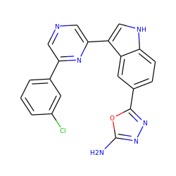 Nc1nnc(-c2ccc3[nH]cc(-c4cncc(-c5cccc(Cl)c5)n4)c3c2)o1 ZINC000204778581