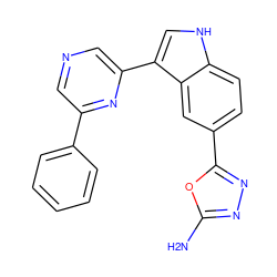 Nc1nnc(-c2ccc3[nH]cc(-c4cncc(-c5ccccc5)n4)c3c2)o1 ZINC000145410442