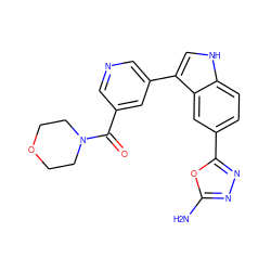 Nc1nnc(-c2ccc3[nH]cc(-c4cncc(C(=O)N5CCOCC5)c4)c3c2)o1 ZINC000145436075