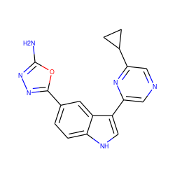 Nc1nnc(-c2ccc3[nH]cc(-c4cncc(C5CC5)n4)c3c2)o1 ZINC000203729337