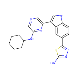 Nc1nnc(-c2ccc3[nH]cc(-c4cncc(NC5CCCCC5)n4)c3c2)s1 ZINC000145436282