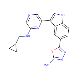 Nc1nnc(-c2ccc3[nH]cc(-c4cncc(NCC5CC5)n4)c3c2)o1 ZINC000145431366