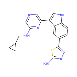 Nc1nnc(-c2ccc3[nH]cc(-c4cncc(NCC5CC5)n4)c3c2)s1 ZINC000204779242