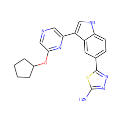 Nc1nnc(-c2ccc3[nH]cc(-c4cncc(OC5CCCC5)n4)c3c2)s1 ZINC000204763404