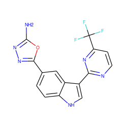 Nc1nnc(-c2ccc3[nH]cc(-c4nccc(C(F)(F)F)n4)c3c2)o1 ZINC000145406715