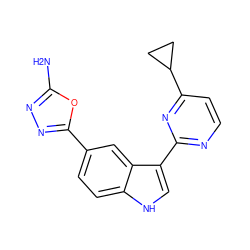 Nc1nnc(-c2ccc3[nH]cc(-c4nccc(C5CC5)n4)c3c2)o1 ZINC000203726976