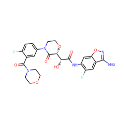Nc1noc2cc(NC(=O)[C@H](O)[C@H]3OCCN(c4ccc(F)c(C(=O)N5CCOCC5)c4)C3=O)c(F)cc12 ZINC000116185123