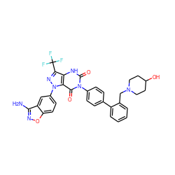 Nc1noc2ccc(-n3nc(C(F)(F)F)c4[nH]c(=O)n(-c5ccc(-c6ccccc6CN6CCC(O)CC6)cc5)c(=O)c43)cc12 ZINC000014951305