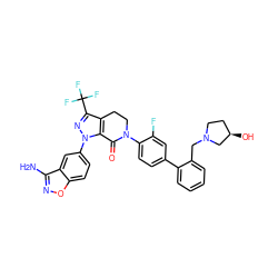 Nc1noc2ccc(-n3nc(C(F)(F)F)c4c3C(=O)N(c3ccc(-c5ccccc5CN5CC[C@@H](O)C5)cc3F)CC4)cc12 ZINC000003979347